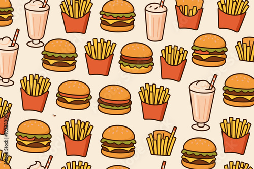 Seamless fast food pattern with burgers, fries, and milkshakes