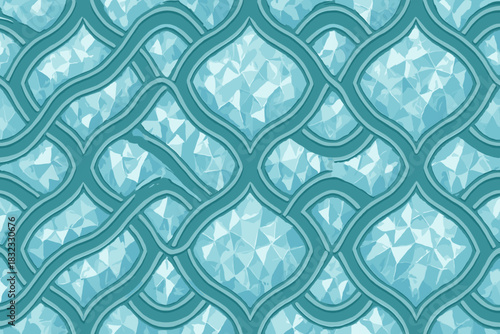 Elegant turquoise crystal pattern with geometric tile shapes and faceted textures