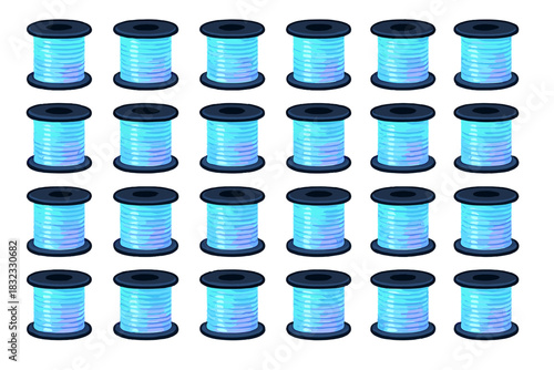 Neon glow thread spools seamless pattern in electric blue and violet