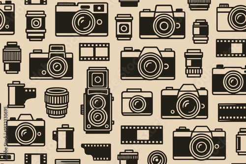 Monochrome vintage camera and film pattern