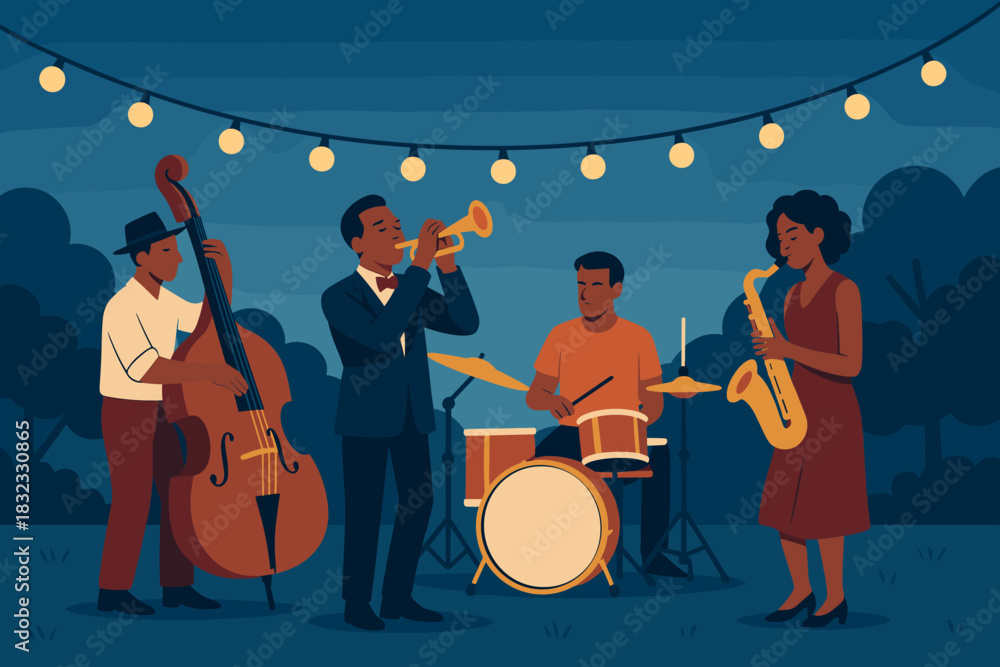 Fototapeta premium Outdoor Jazz Band Performance Under String Lights