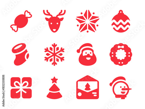Christmas and New Year Flat Vector Icon Set on White Background