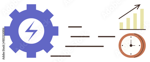 Gear with lightning, speed lines, chart with upward trend, and clock represent efficiency, growth, and time management. Ideal for productivity, progress, energy business planning optimization