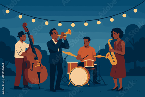 Outdoor Jazz Band Performance Under String Lights