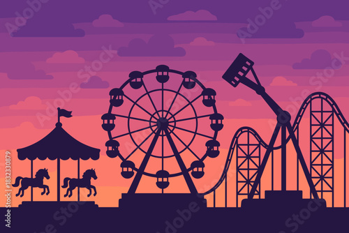 Carnival Rides at Sunset Silhouette