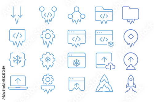 Futuristic Blue Neon Icons of Coding, Upload, and Cloud Systems