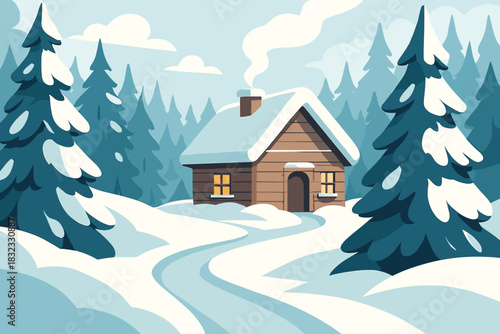 Snowy Cabin in a Peaceful Winter Forest