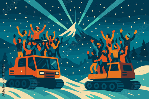 Mountain DJ party on snowcats under starry winter sky