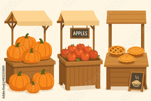 Farmers Market Stalls with Pumpkins, Apples, and Pies