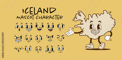 Vintage Iceland country map mascot character with cartoon facial expression set