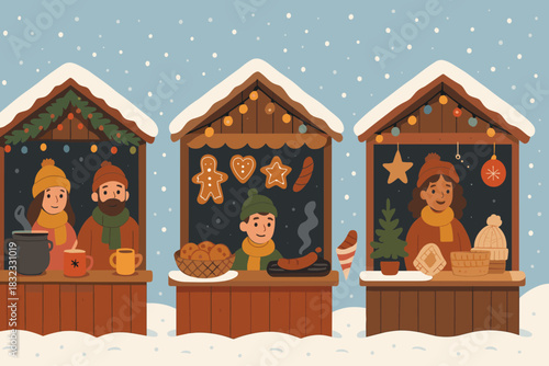 Cozy Christmas market with festive treats and handmade crafts in the snow