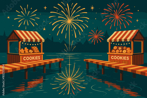 Festive lakeside cookie stands with fireworks at night