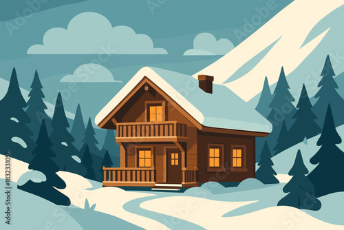 Snowy Forest Cabin in Peaceful Winter Landscape