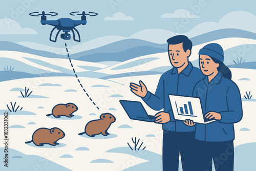 Scientists Monitoring Rodents with Drone Technology in Snowy Terrain