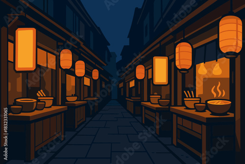 Cozy night market alley with glowing lanterns and street food stalls