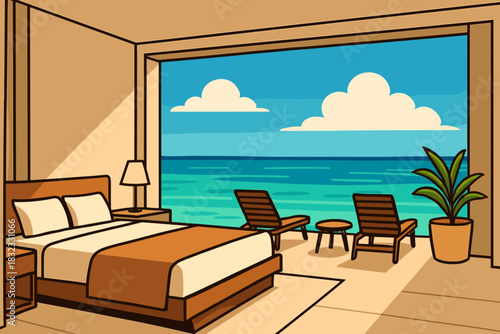 Luxury beachfront hotel room with ocean view and terrace seating