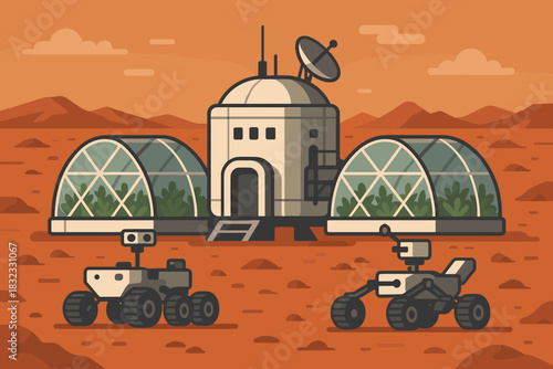 Martian Habitat with Greenhouses and Exploration Rovers