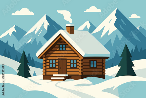 Snowy Log Cabin with Chimney in Serene Mountain Scenery