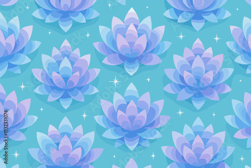 Seamless pattern of glowing lotus flowers on a turquoise background