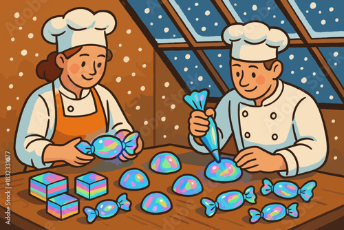 Chefs making colorful rainbow candies in a cozy winter kitchen