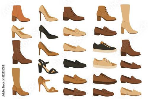 Stylized footwear collection with heels, boots, loafers, and sneakers