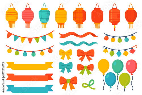 Bright Festival Decorations with Lanterns, Lights, and Bows