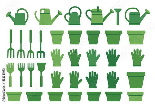 Garden tool collection featuring watering cans, gloves, pots, rakes, and spades