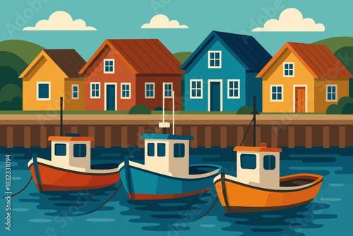 Colorful boats docked at a vibrant coastal village harbor