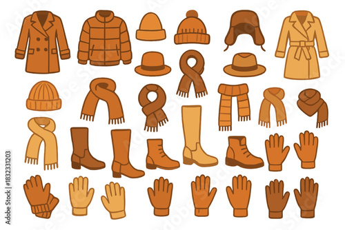 Stylized collection of winter outerwear, scarves, boots, and gloves in warm autumn hues