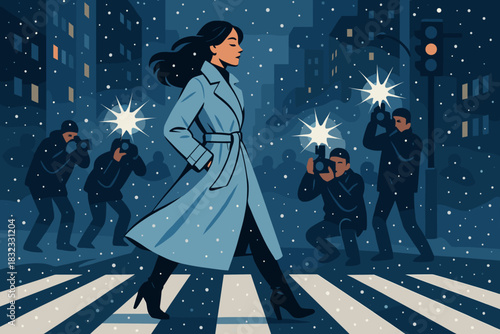 Confident woman in trench coat crossing snowy city street with paparazzi flashes