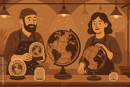 Artisan globe and snow globe makers working in a cozy workshop