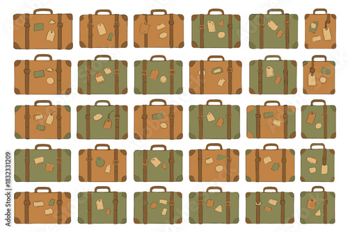 Retro suitcases with travel labels and tags in vintage colors