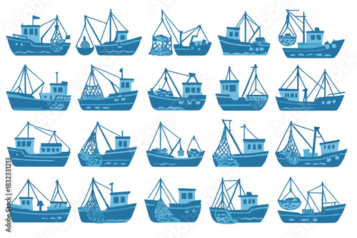 Seamless pattern of trawler fishing boats in ocean blue tones