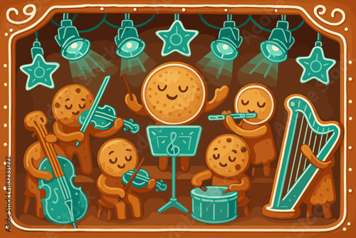 Cute gingerbread orchestra illustration performing under stage lights