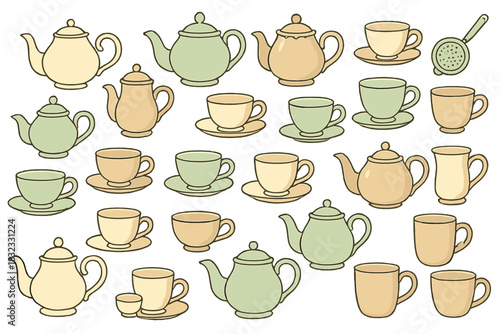 Pastel teapots and teacups collection on warm brown background