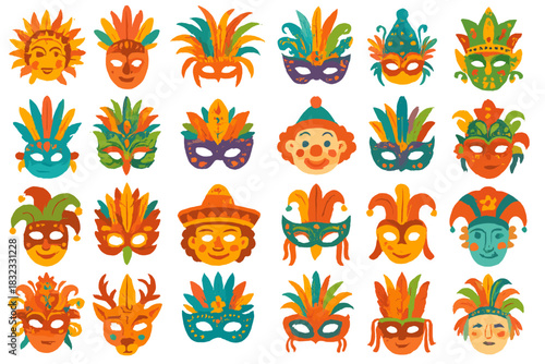 Festive carnival and cultural masks on a warm gradient background