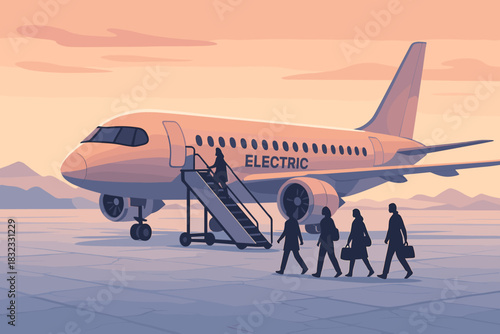 Illustration of passengers boarding an electric airplane at sunrise