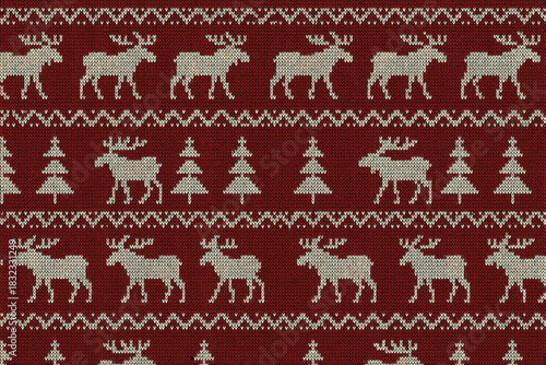 Traditional knitted Christmas sweater pattern with reindeer and pine trees