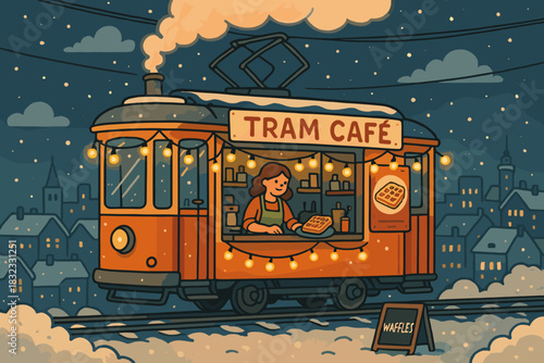 Cozy winter tram café illustration serving waffles in snowy town