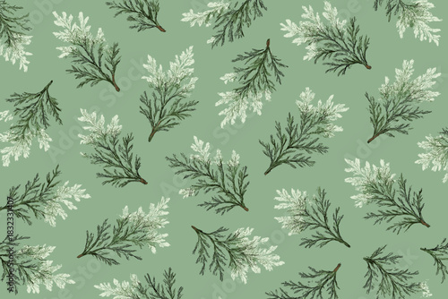 Seamless pattern of hand-drawn pine branches on green background