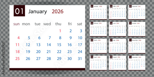 2026 new year calender in monthly and daily schedule style for business and professional style. vector illustration.