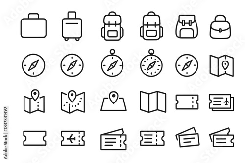 Simple travel line icon pack with bags, maps, tickets, and compasses