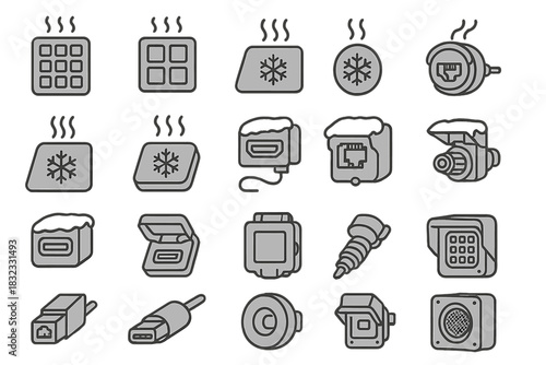 Winter car electronics and heated components icon set