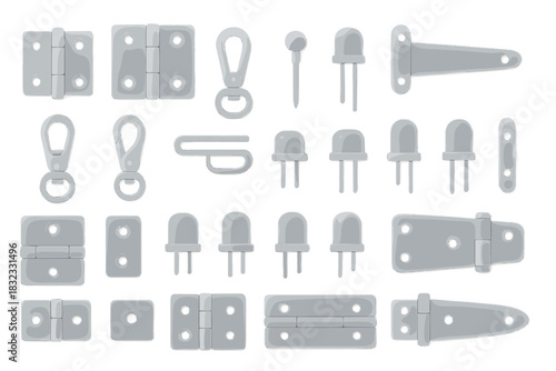 Metal hardware icon set with hinges, latches, and fasteners