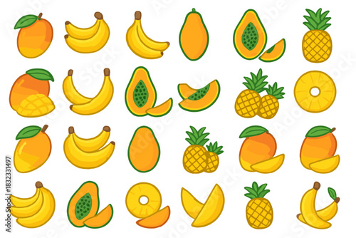 Tropical fruit icon set with bananas, mangoes, papayas, and pineapples