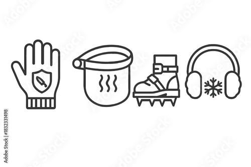 Winter essentials icon set in monochrome line art style