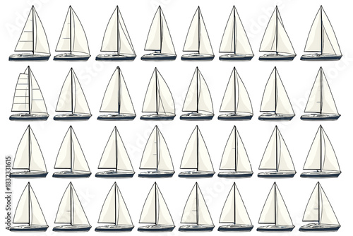 Collection of sailboat illustrations arranged in a grid style on a white background showcasing different sail designs