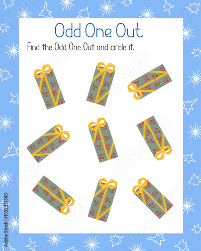 Christmas holiday Odd One Out game find, circle element that differs from others hand drawn illustration, educational printable worksheet for kids, leisure activity learning concept, teacher resources
