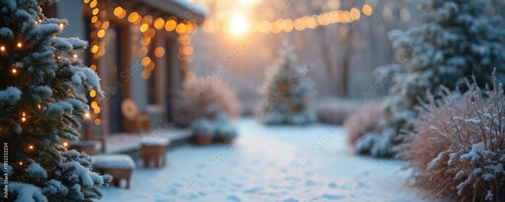 Naklejka premium Snow covered garden with festive lights and trees. Cozy winter day, warm glow from building lights and sunset. Outdoor nature setting with blurred elements.
