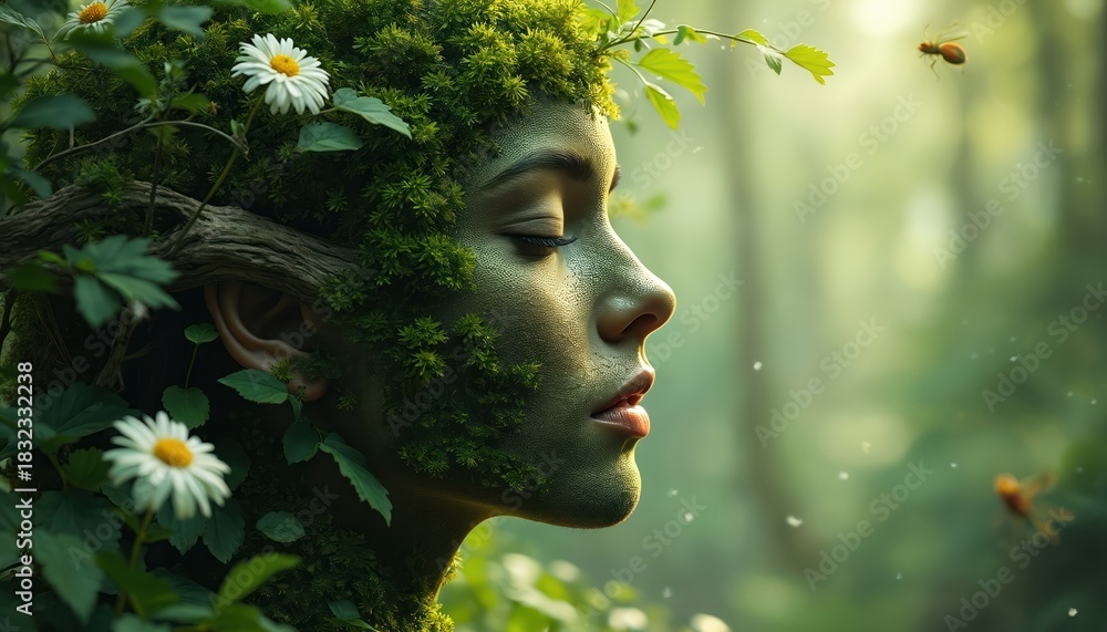 Obraz premium Green fairy portrait with leaves, flowers on face. Concept for eco awareness. Surreal goddess with harmony. Perfect for nature conservation projects. Magical woman beauty environment, growth.